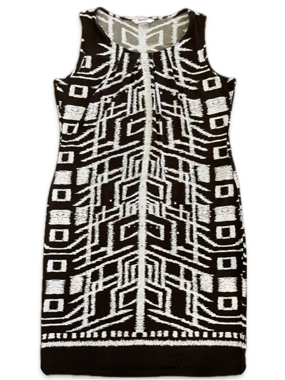 TanJay Brown White Geometric Studded Midi Dress Petite 6P Stretch Pleated